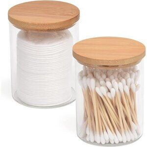 2Pack Glass Qtip Holder Dispenser Bathroom Jars with Bamboo Lids,Cotton Ball Pad